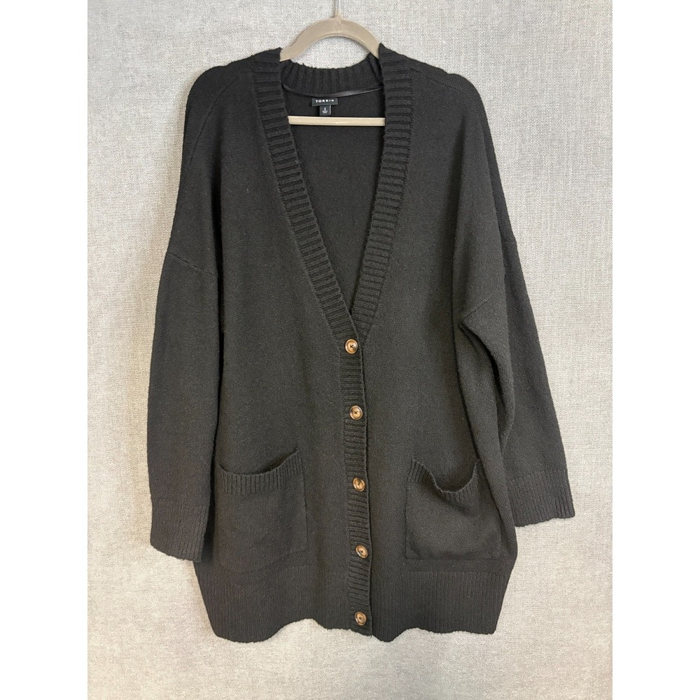Torrid Sweater Womens 2X 2 Black Cardigan Button Up V Neck Pockets Long Duster